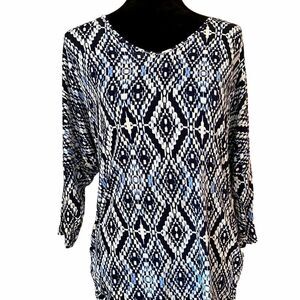 established 1962 Cold Shoulder, V-Neck Blue & White Geometric Design Top.